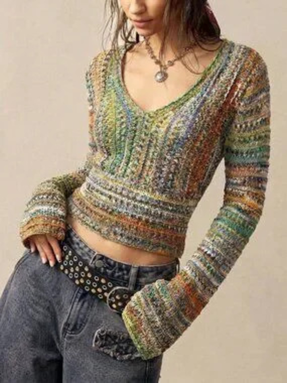 ZARA Multicolor Casual Women's V-Neck Long Sleeve Colorblock Knit Top